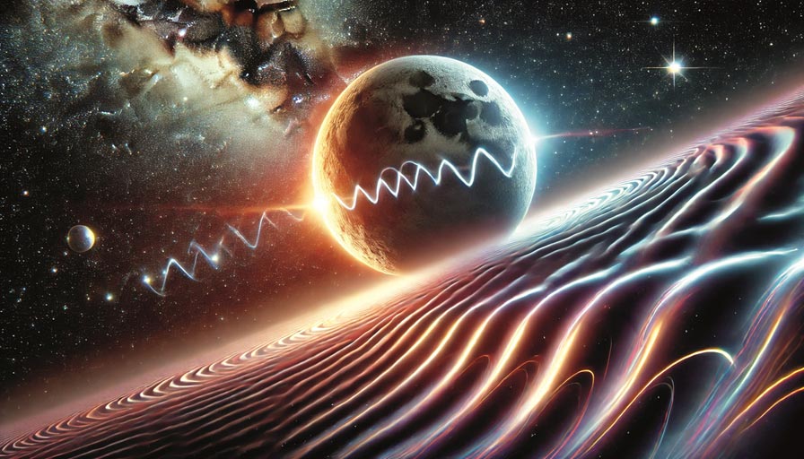 Foto 2 A cinematic space scene showing gravitational waves emanating from a distant bright point Credits Open AI Coelum Astronomia.png copia